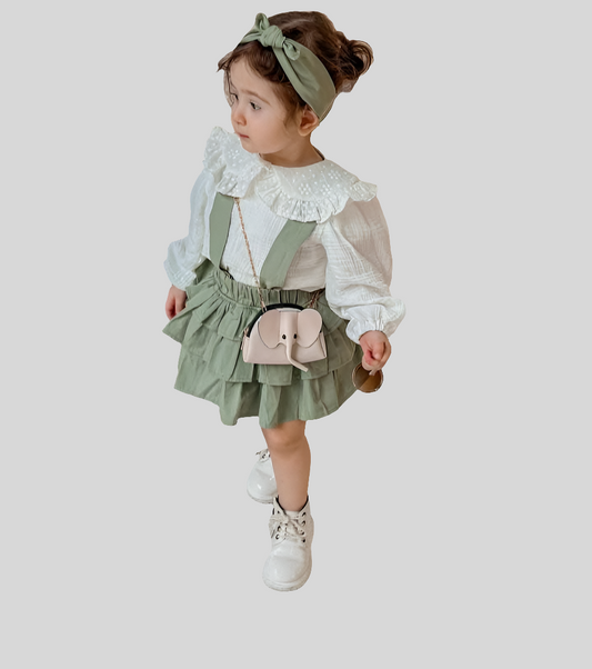 Green Elegant Ruffle Suspender Skirt Set