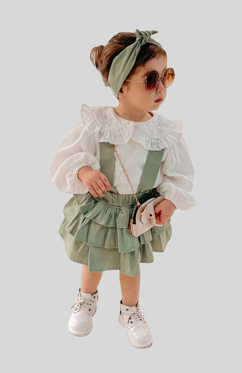 Green Elegant Ruffle Suspender Skirt Set